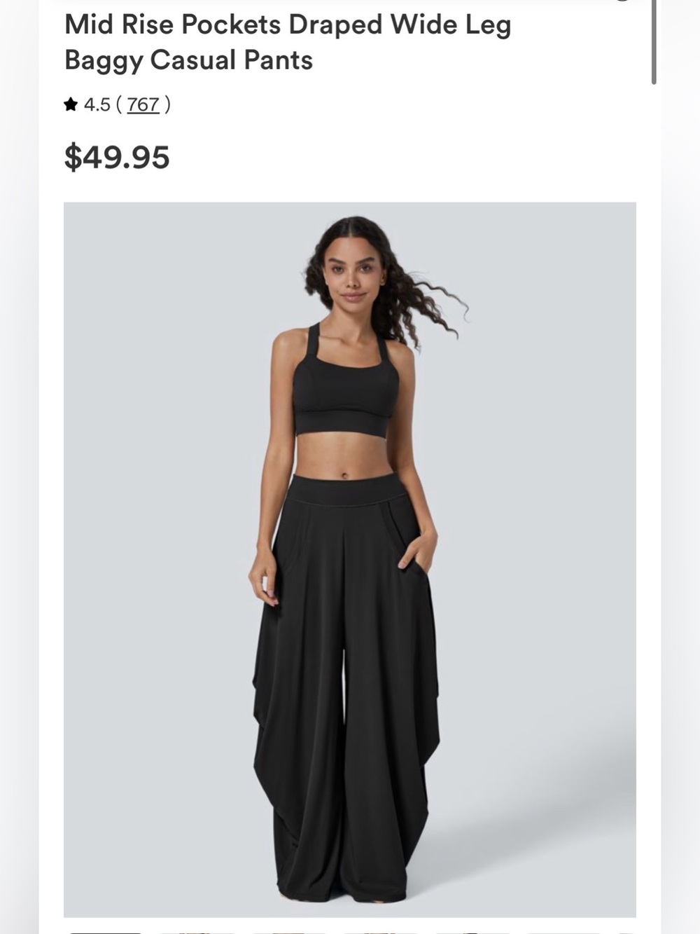 Mid-Rise Draped Wide-Leg Baggy Pants - Black
